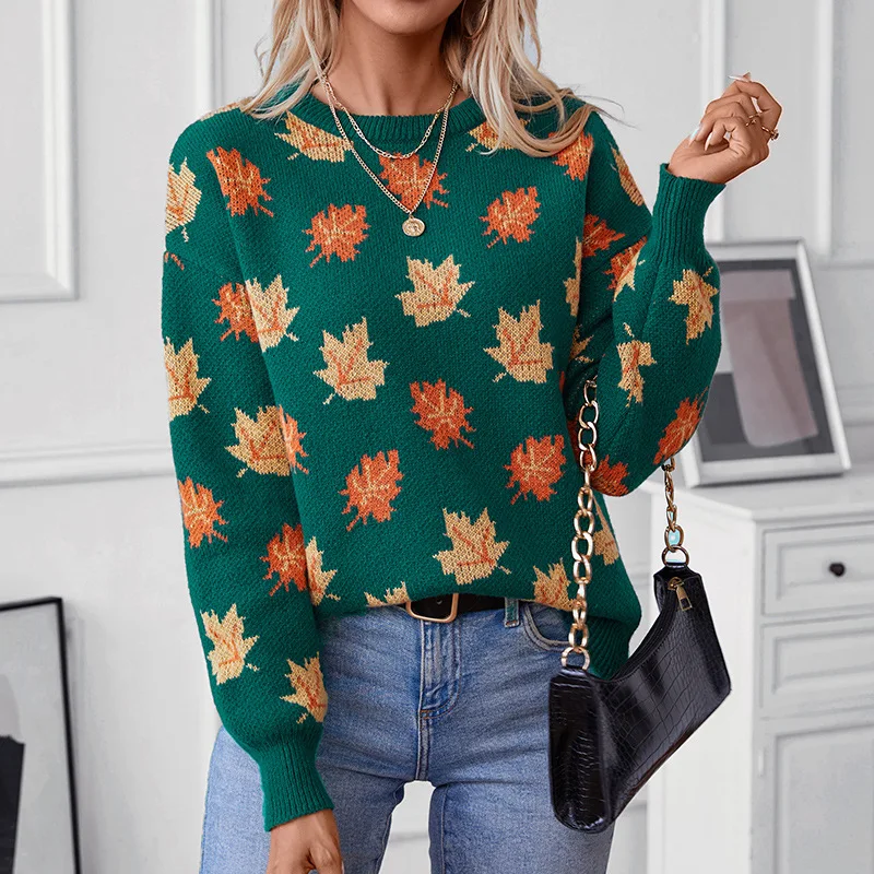 2024 autumn and winter European and American sweater women's maple leaf pattern jacquard casual pullover cross-border knitted sw