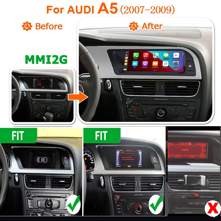 Snapdragon 8CORE 8,8'' Wireless Carplay Android 14 Auto-Radiobildschirm für Audi A5 2007-2009 MMI2G Autoradio Stereo Multimedia-Player Bluetooth WIFI 4G LTE – Detail 1