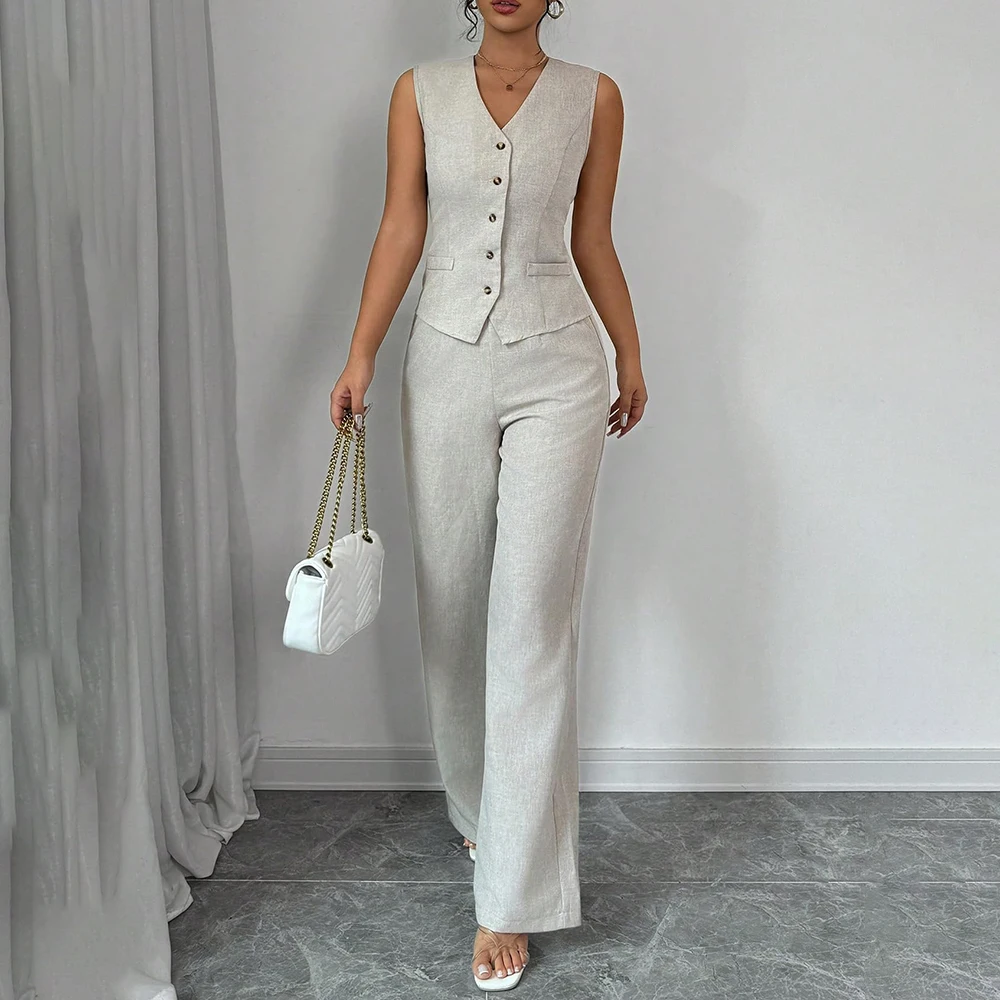 Women’s Linen Office Suit Set Lightweight Vest and Loose Pants 2 Piece Work Outfit Comfortable Business Casual Attire