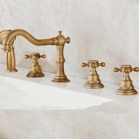 Antique Brass Widespread 5 Holes Bathroom Roman Tub Faucet Mixer Tap Set With Hand Shower  Ltf035