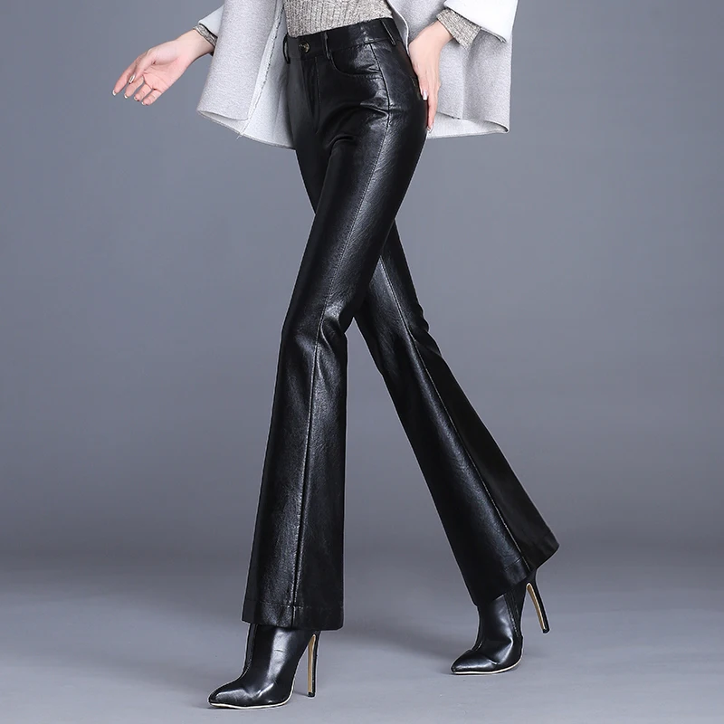 Women PU Leather Flared Trousers Female Autumn Winter Leather Pants High Waist Slim Streetwear Trousers Motorcycle Leather Pants