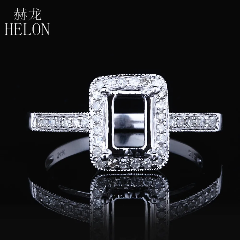 

HELON Solid 14K White Gold Au585 Natural Diamonds Fine Jewelry Semi Mount Engagement Wedding Ring Setting Emerald Cut 4x6mm