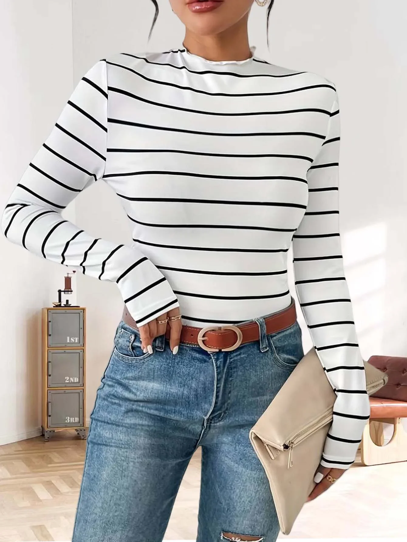 

Autumn and winter striped elegance long-sleeved women's T-shirt