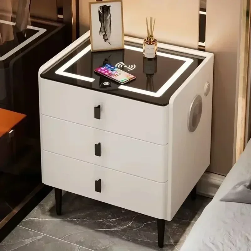 Smart Solid Wood Nightstand - Luxury Minimalist Design Wireless Charging LED Light Multi-Functional, Fully Assembled night stand