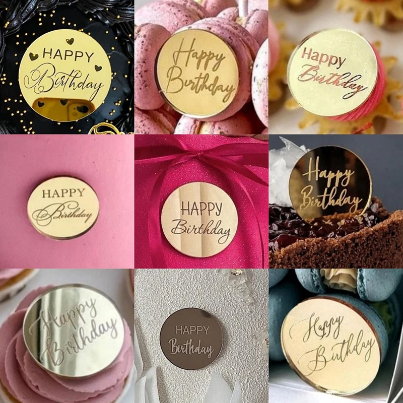 10pcs Happy Birthday Cake Toppers Gold Gold Acrylic Round Cupcake Toppers For Kids Birthday Baby Shower Party Cake Decor Tools