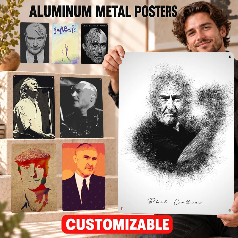 Phil Collins Textured Metal Posters Retro Album Inspired Portrait Man Cave Wall Art Customized Aluminum Sign Guitar Lover Gift
