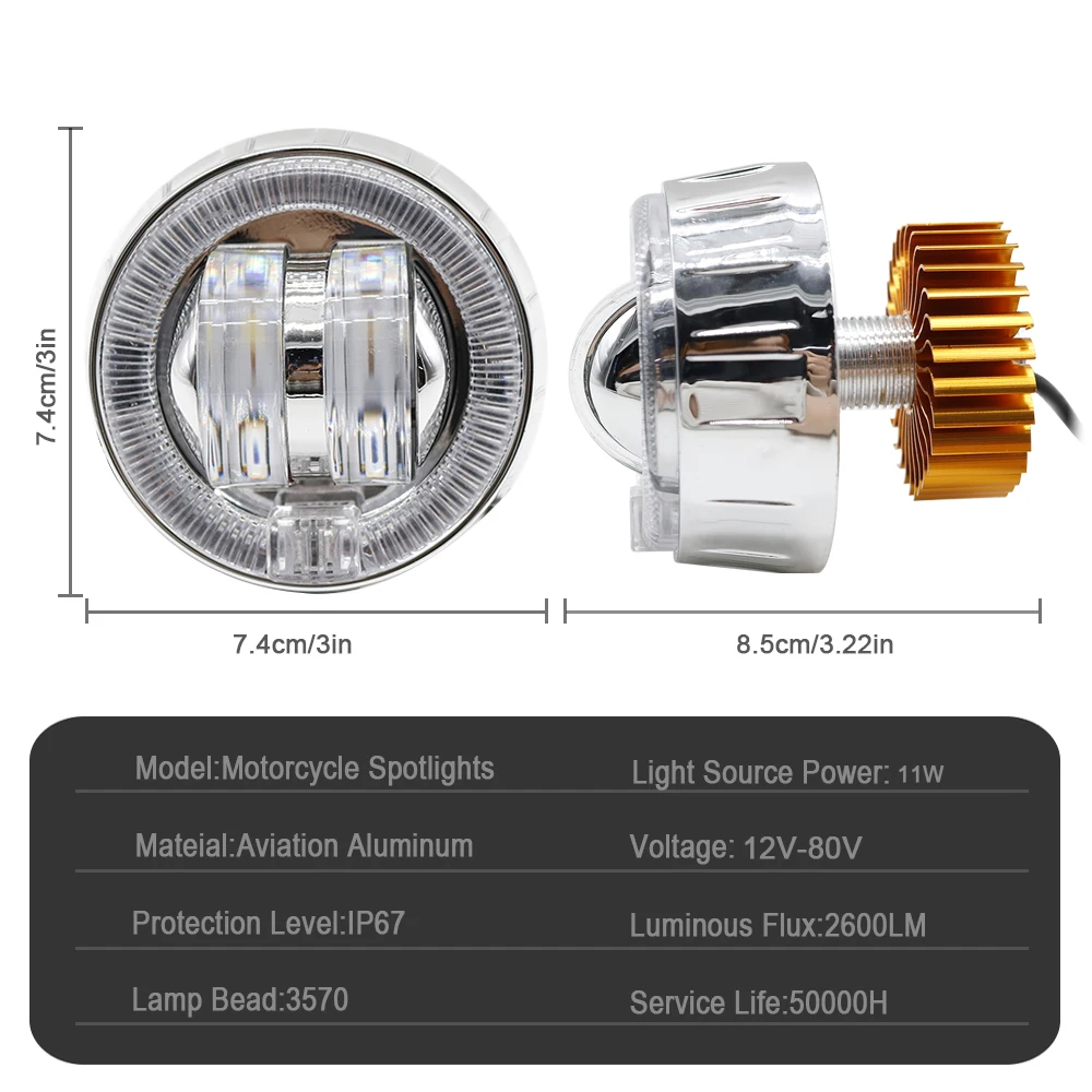 12-80V 11W Led Motor Projector 2.5inch Led Motorcycle Headlights with angel eye halo ring