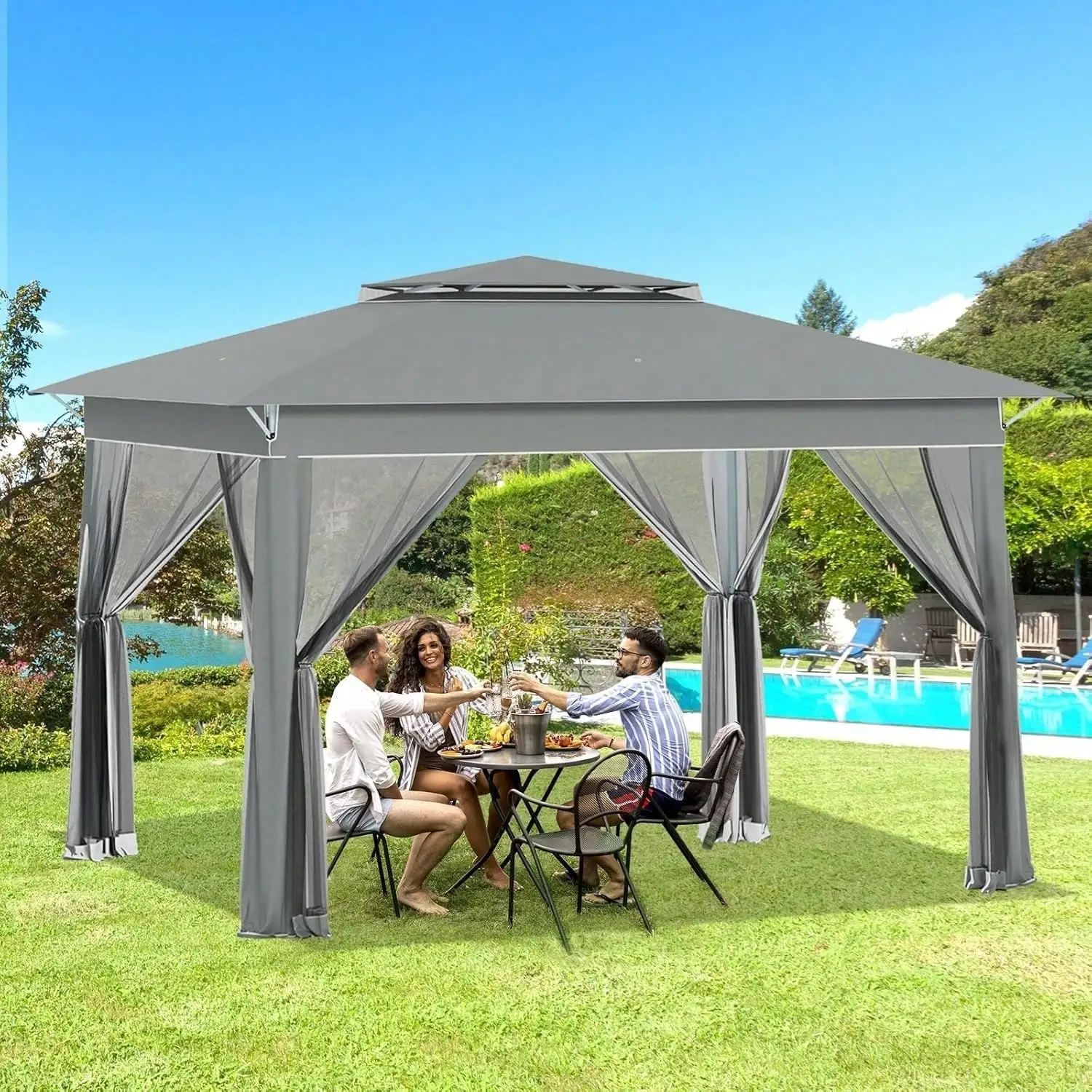 

12x12 FT Pop Canopy Tent Mosquito Nettings, Patio Party Instant Shelte Gazebo wCarrying Roller Bag Waterproof