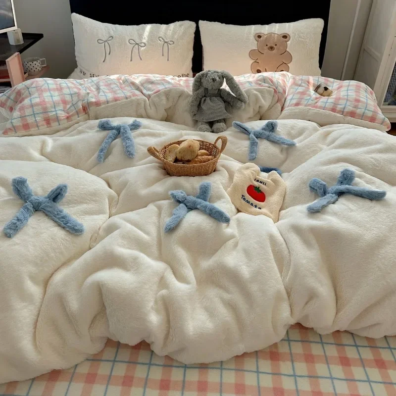 Winter new soft rabbit fleece four-piece set three-dimensional bow thickened warm milk fleece duvet cover dormitory