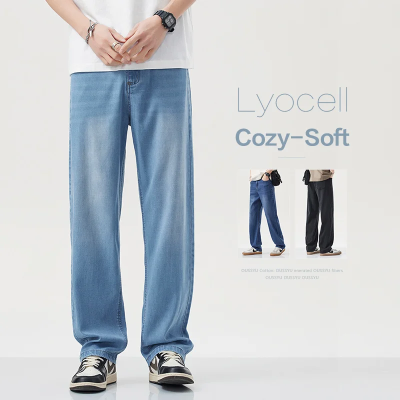 

OUSSYU Brand Summer Lyocell Fabric Men's Jeans Classic Simple Business Straight Denim Pants Work Trousers Male Plus Size 29-40