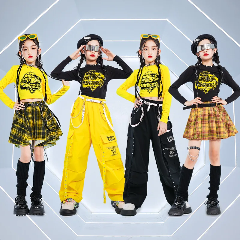 Hip Hop Kids Cool Crop Top K-pop Street Dance Cargo Pants Plaid Skirts Girls Streetwear Children Yellow Jazz Costume Clothes Set