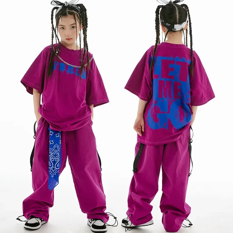 New Girls Jazz Dance Costume Short Sleeves Hip Hop Suit Summer Kids Loose Hip-Hop Performance Clothing Practice Wear