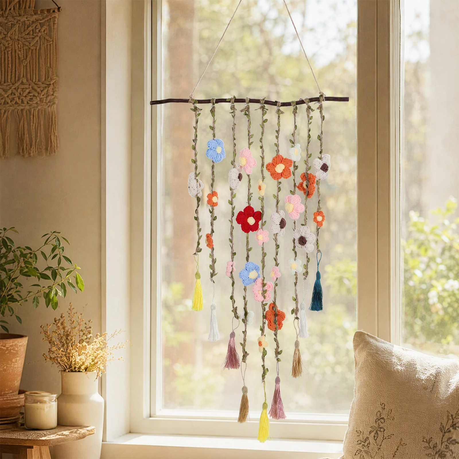 Crochet Wall Hanging Decor Boho Floral Vine Handmade Cotton Macrame Bohemian Farmhouse Wall Art