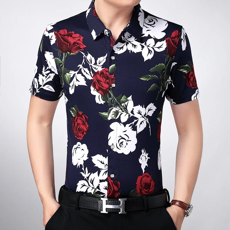 Rose Print Floral Lapel Shirts For Men Short Sleeve Skin-Friendly Summer Quality Soft Comfortable Casual Easy Care Chemise Homme