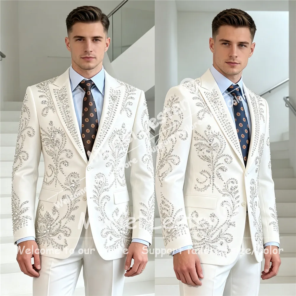 

Блестящий свадебный костюм для жениха с бисерной отделкой и камнями, больших размеров, однобортный пиджак и брюки, комплект из 2 предметов, мужской банкетный смокинг