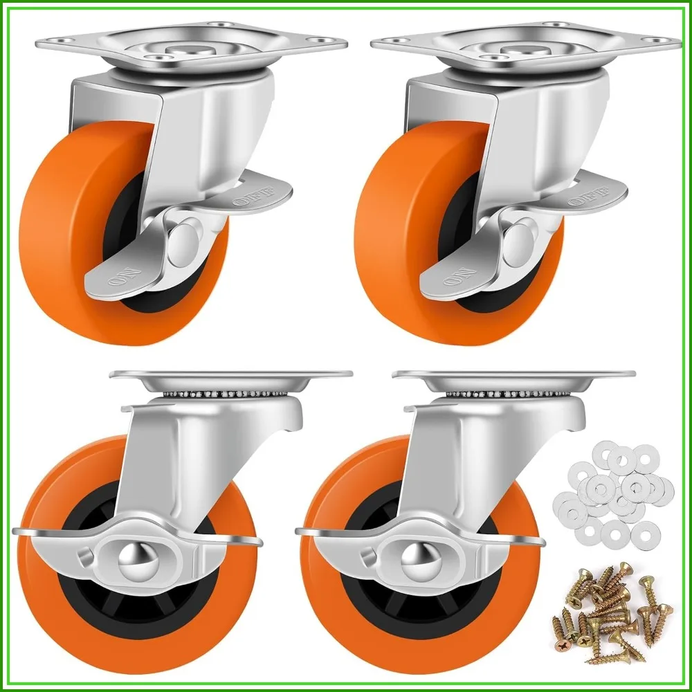3 Inch Heavy Duty Caster Wheels with Brake, Set of 4, Polyurethane Plate Swivel Casters for Furniture, Carts, Workbench