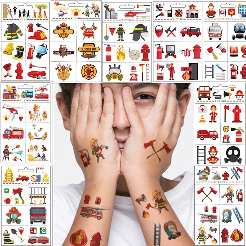 6 Sheets/set Fire Birthday Decorations Temporary Tattoo Stickers Fireman Sammy Firetruck Decor Fire Theme Party Supplies