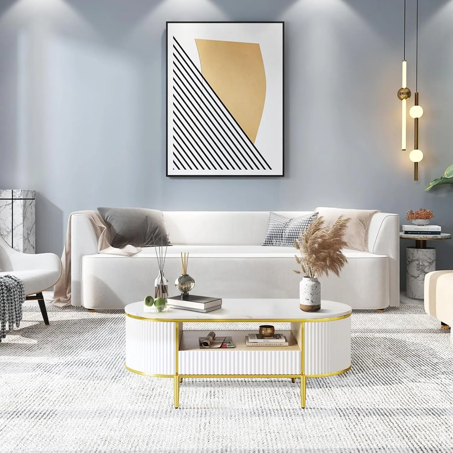 Modern Fluted Coffee Table Modern Oval Coffee Table with Drawer Curved Profile Center Table with Storage for Living Room White