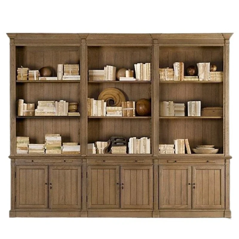 

American solid wood bookcase combination bookshelf, French rural old solid wood bookcase display cabinet