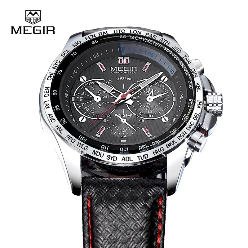 MEGIR 1010 Men\'s Quartz Watches Original Fashion Creative Clock Leather Strap Strap Analog Display Wrist Watches for Male Gift