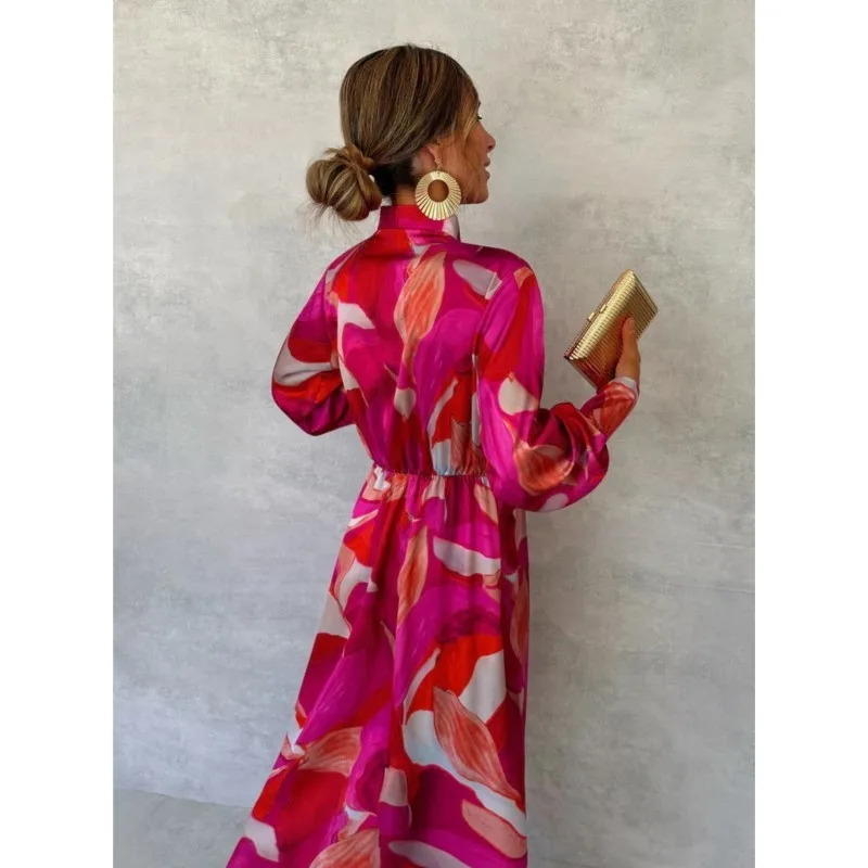 Pink Printed Women\'s Long Sleeved Dress Autumn New V-neck Cross Tie Lantern Sleeve Irregular Women\'s Long Dress 2024 Vestido