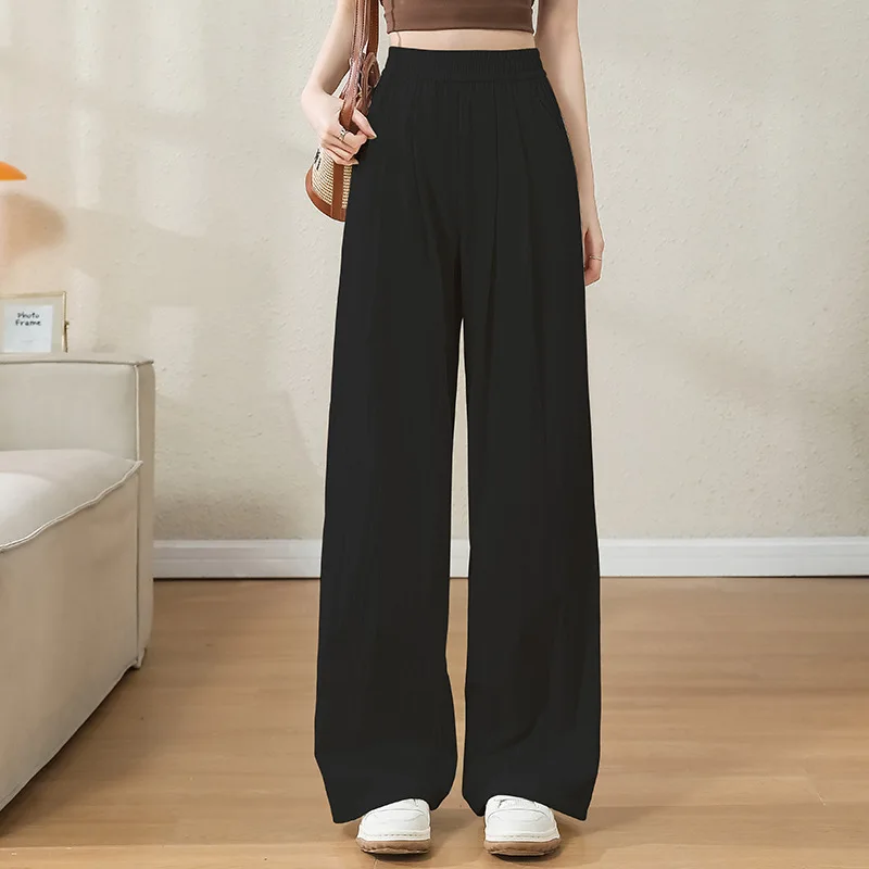 Fashion Pleated Casual Women Pants Sunscreen High-waisted Drape Loose Wide-leg Ice Silk Pants