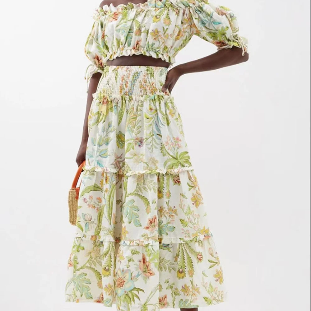 

Alem@ais* Summer Vacation Style Linen Floral Waistless One-Shoulder Short Top + High-Waisted Half-Body Long Skirt Set