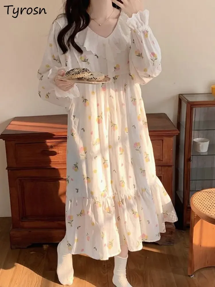 

Nightgowns Women Sweet Simple Loose Princess Design Ruffle Casual Home Spring Sleepwear Elegant V-neck Korean Style Folds Trendy