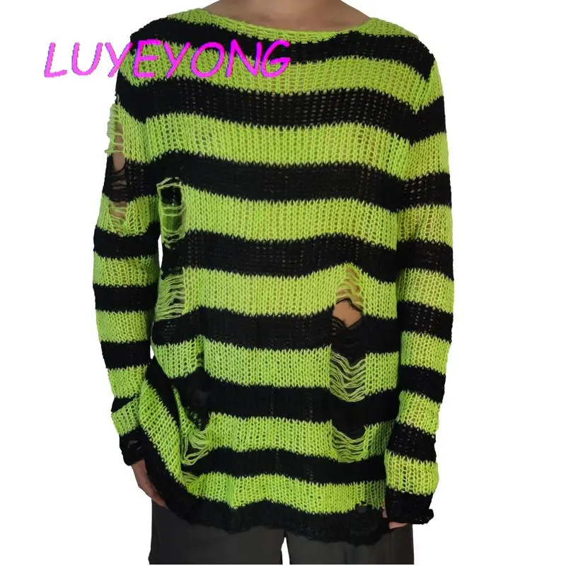 2024 Spring Man Pullovers Gothic Sweaters Punk O Neck Striped Long Sweater Unisex Hollow Out Long Sleeve Knitted Top Jumpers