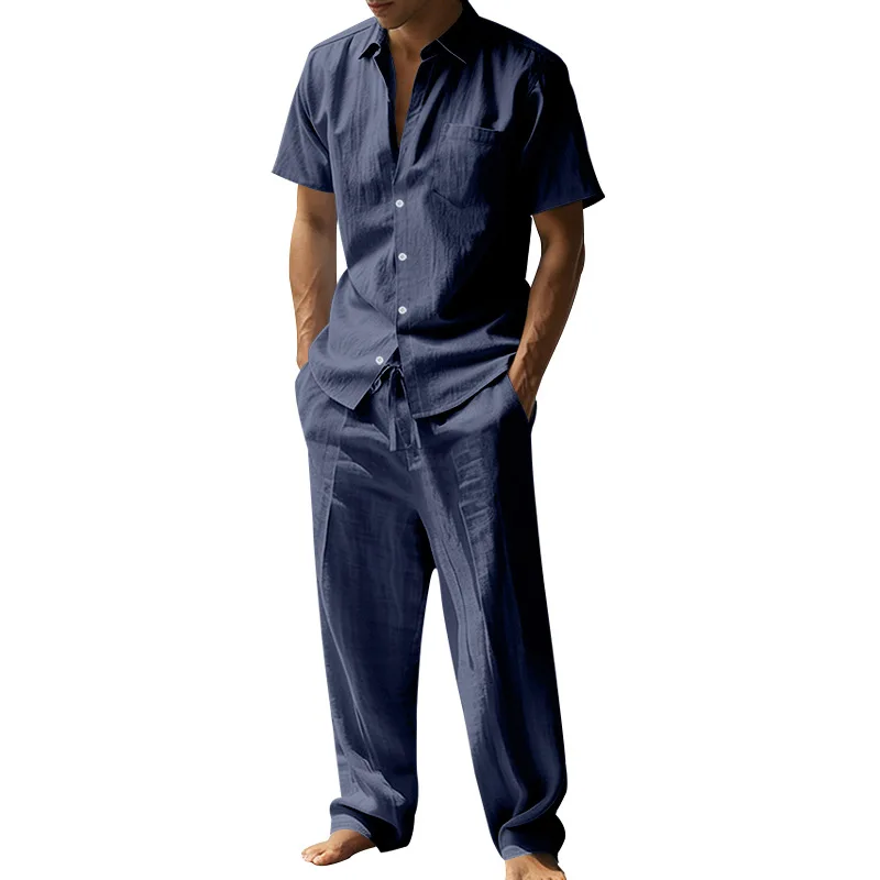 Summer Linen Lapel Short-Sleeved Shirt Set Men's Casual Trousers Two-Piece Set