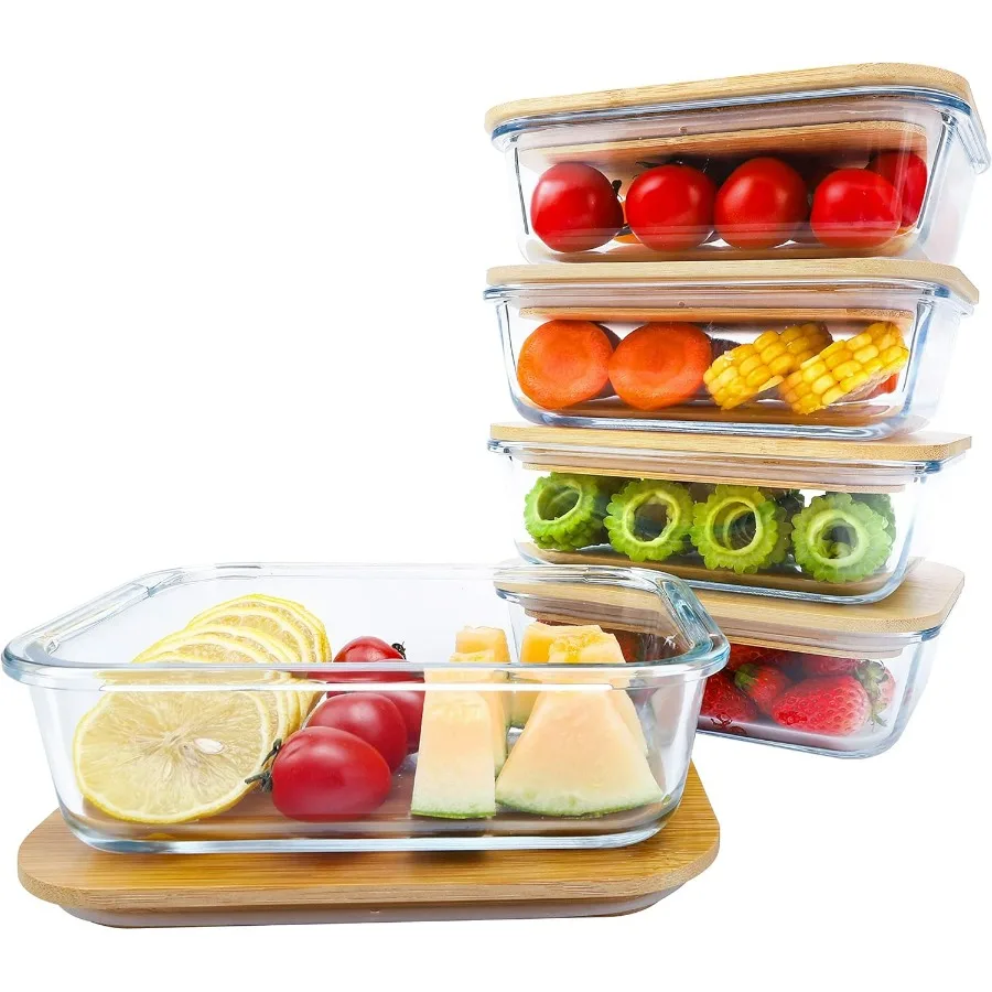 

Стеклянные контейнеры для обеда BlueHills премиум-класса для приготовления еды с бамбуковыми крышками для здорового питания дома или офиса, без пластика, стеклянная еда