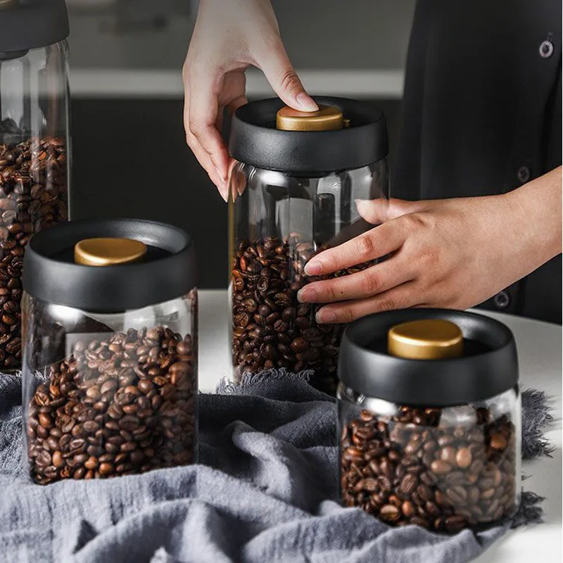 Vacuum Sealed Coffee Bean Storage Jar Glass Bottle Kitchen Accessories Food Grains Candy Keep Fresh Jug Portable Manual Sealed