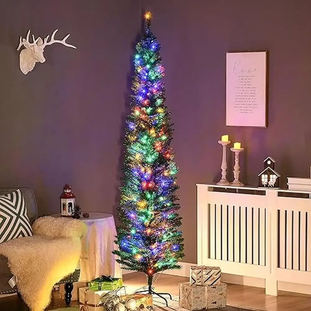 7ft Prelit Christmas Tree 499 Branches 180 LED Lights Steel Base Green Holiday Decor No Hassle Flame-Retardant Easy Assembly