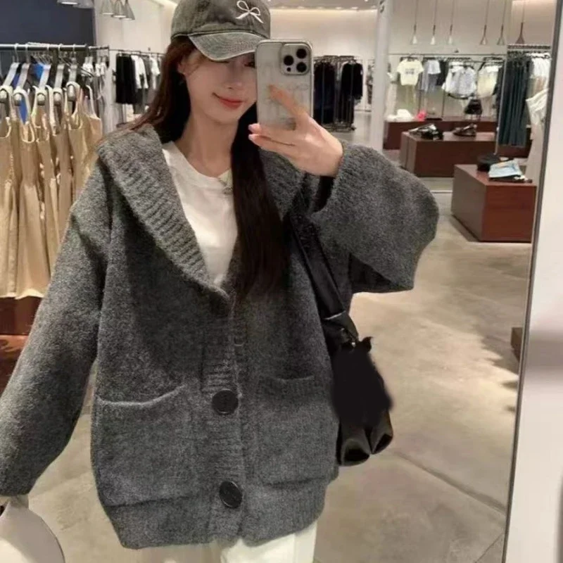 Kardigan Rajut Kasual Musim Gugur dengan Saku, Sweater Wanita Baru Musim Dingin Kerah V Lengan Panjang Longgar, Rajutan Warna Solid Elegan