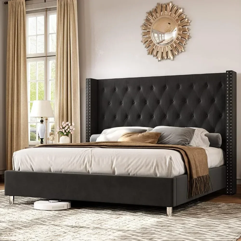 Queen and King size Bed Frame, Upholstered Beds Velvet Low Profile Platform Beds with Raised Wingback Headboard, Bed Frame