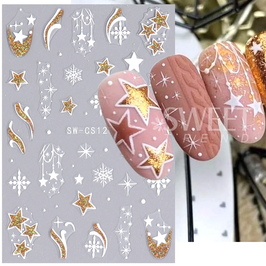 3D Blue Gold Glitter Christmas Nail Art Sticker Snowflake Star Bow Bell Wine Glass Gift Winter Xmas New Year French Manicure Tip