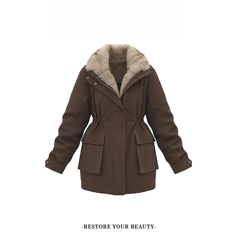 

Thiened Fce Women's Parka Coat Mid-Length Large Fur Collar Cotton Jaet Korean Sle Loose Fit Long Sve Zipper Closure