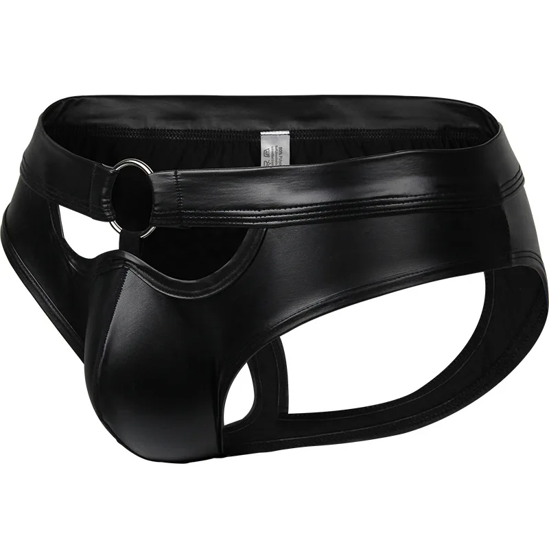 Black Faux Leather Jockstrap for Men Sexy U Convex Pouch Hollow Out Thong Gays Erotic Open Buttocks Underpants Knickers Panties