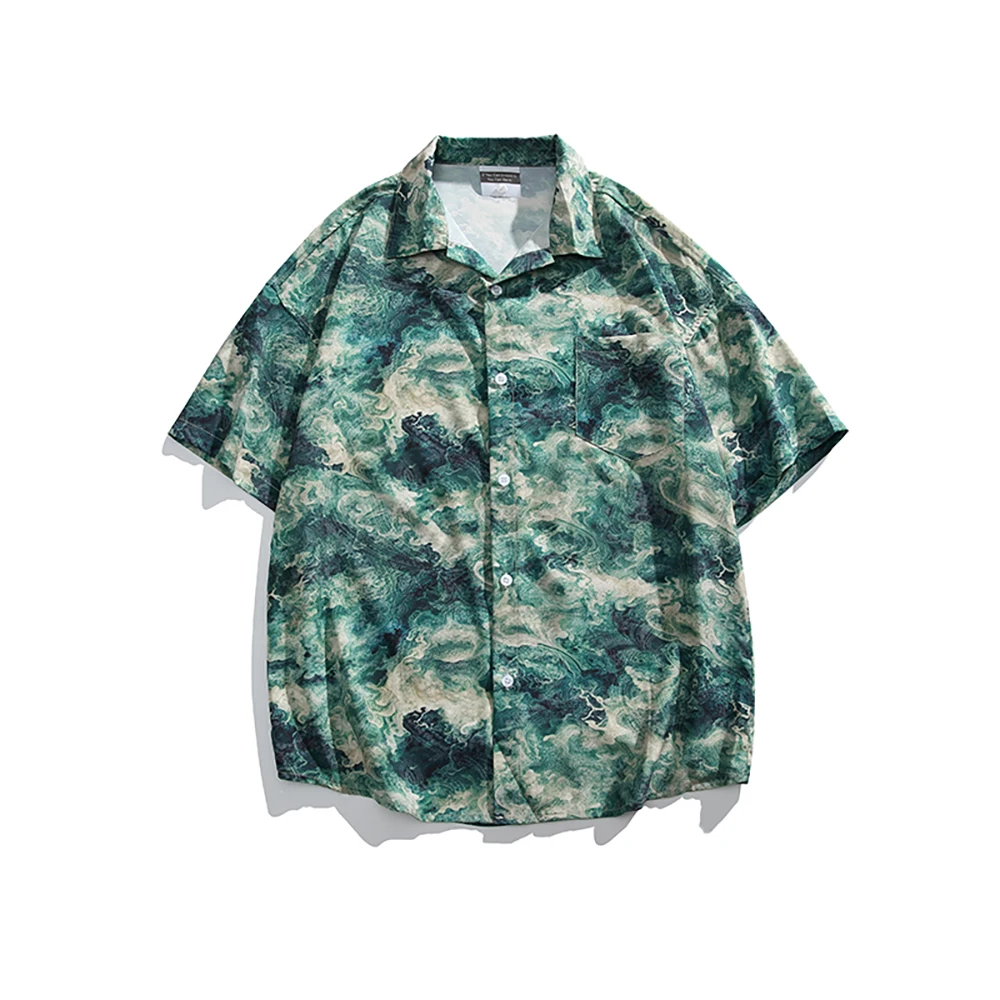 Full print short-sleeved shirt men's summer Korean version of the trend washed loose casual beach flower shirt