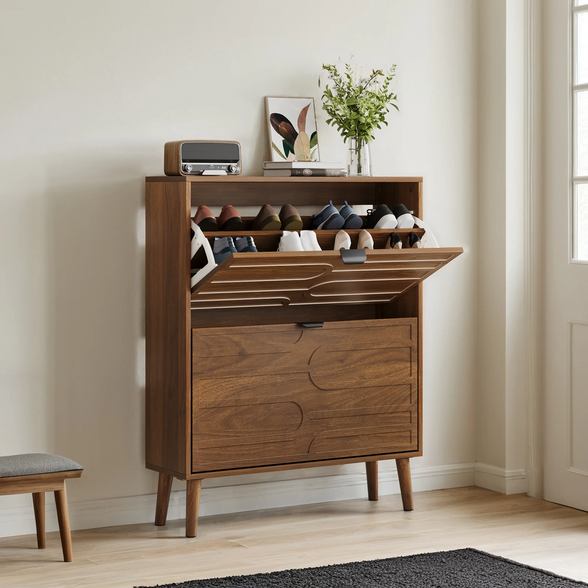 Modern Independent Shoe Cabinet 31.5-inch 2 Shelves 2 Flip Drawers for Hotels Apartments Living Rooms