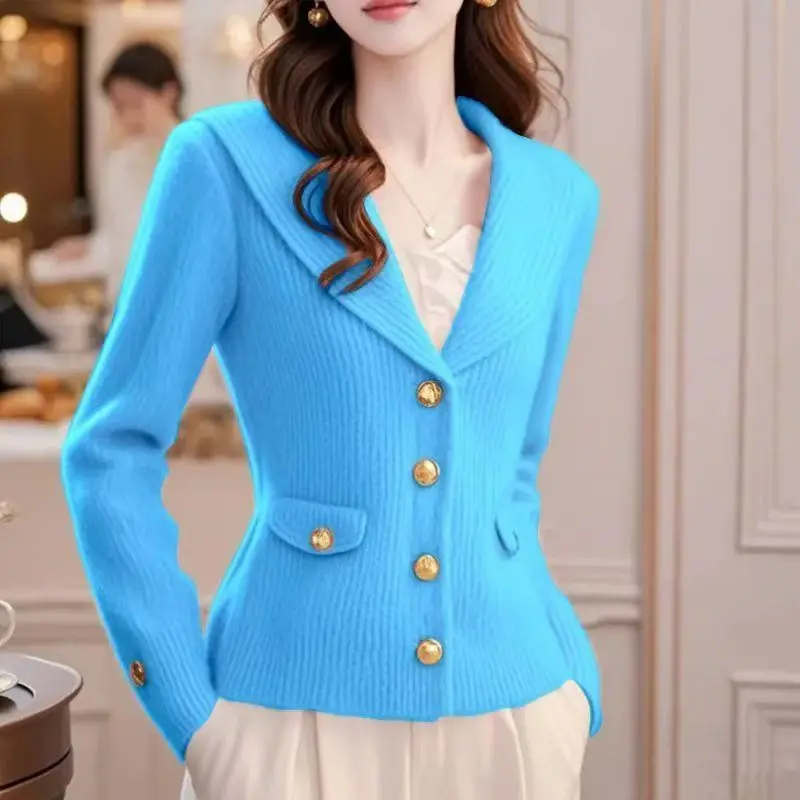 Luxury High-end Knitted Cardigan Lapel Design Women Clothing Trend Autumn Korean Slim Short Sweater Tops Long Sleeve Coat Button