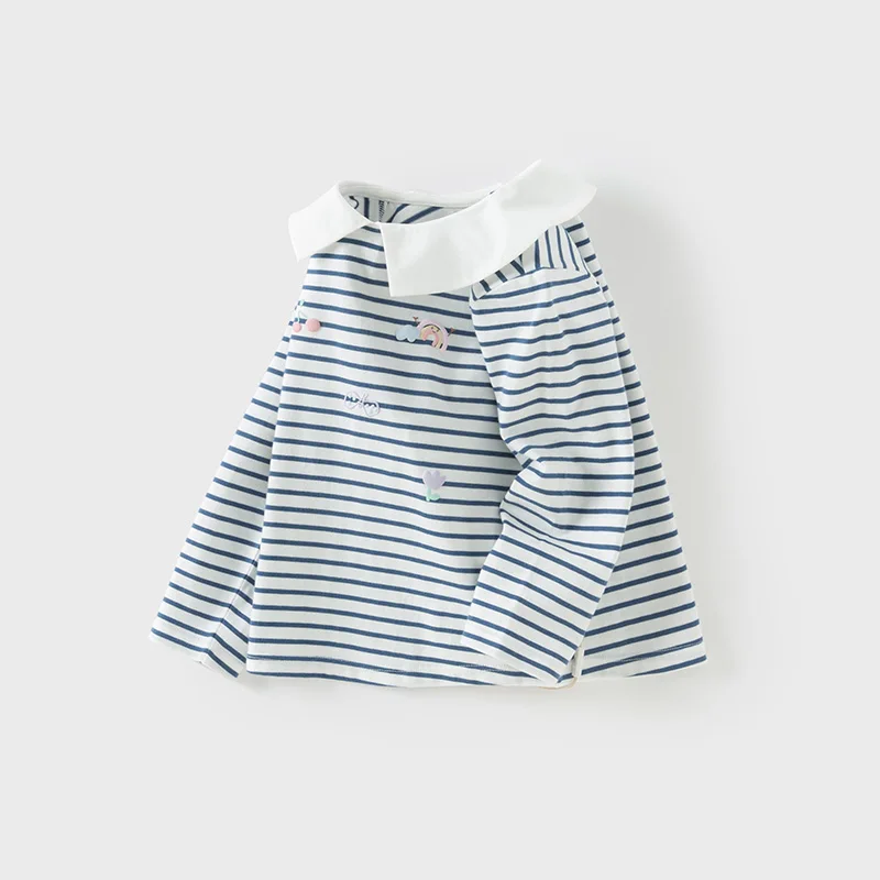 Dave Bella Children's Cotton T-shirt 2025 Spring Fashion Casual Girl's Long Sleeves Striped Bottoming Shirt Party Cute DB1250607