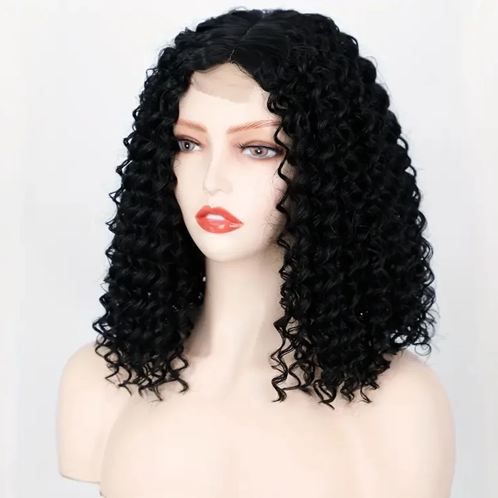 Black Synthetic Curly Hair Cover with Forehead Lace Small Curls for Everyday Use