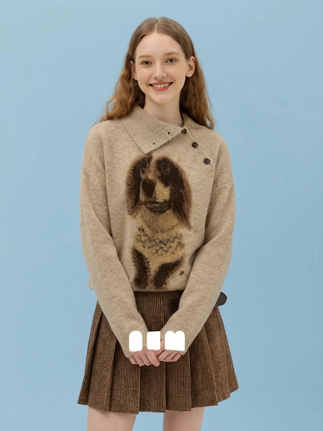 

Женский вязаный свитер AHMI с высоким воротником, цвет карамельный каштан, с узором в виде собак, мягкий, дышащий, весна-осень