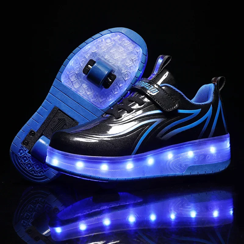 YUNICUS Led Light Boys Girls Shoe USB Charging Black Two Wheels Luminous Sneakers Roller Skate Shoes for Children Kids Led Shoes