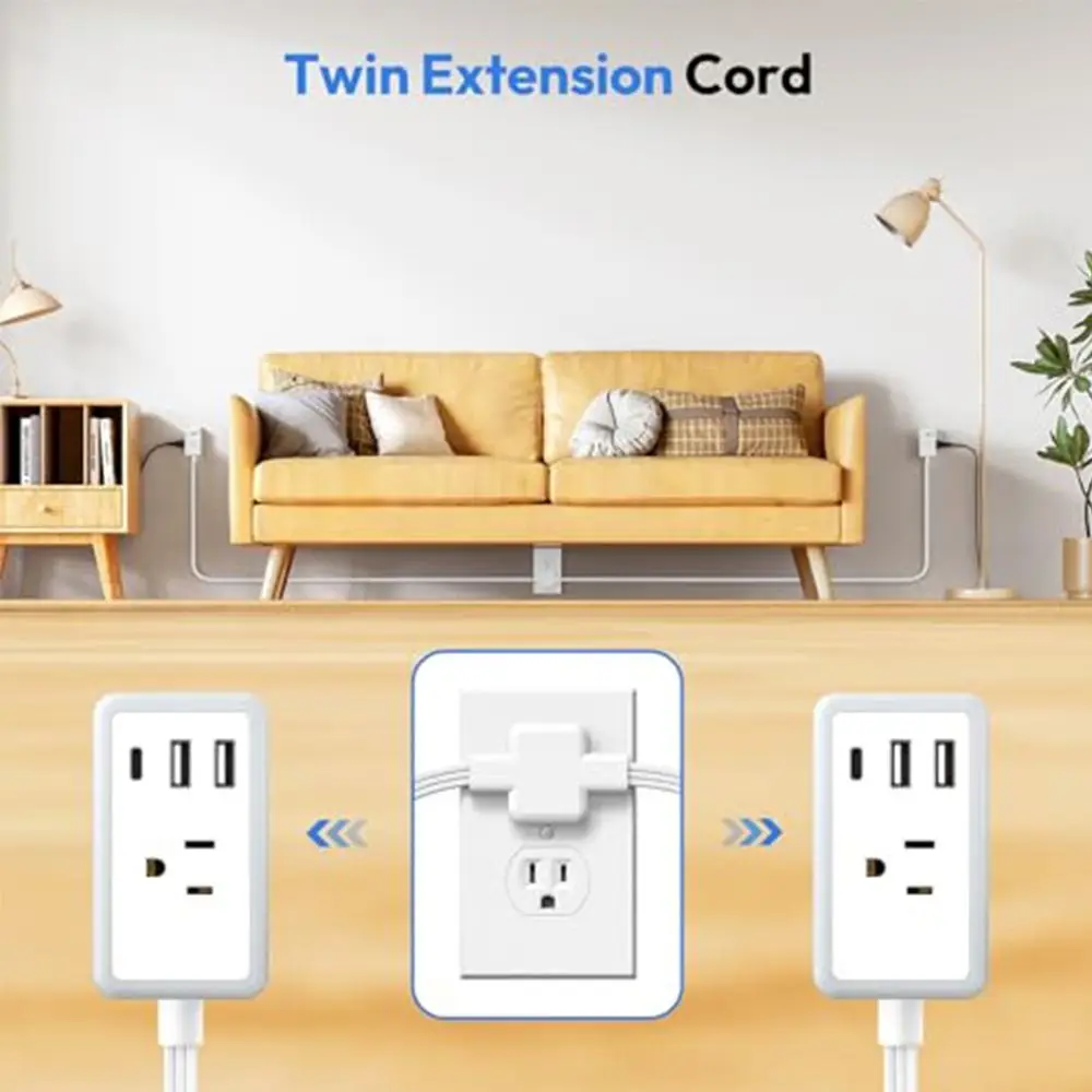 

12FT Length Split Extension Cord 2 USB-A Ports 1 USB-C Port Twin Extension Cord Low Profile Flat Plug Dual Flat Plug Design
