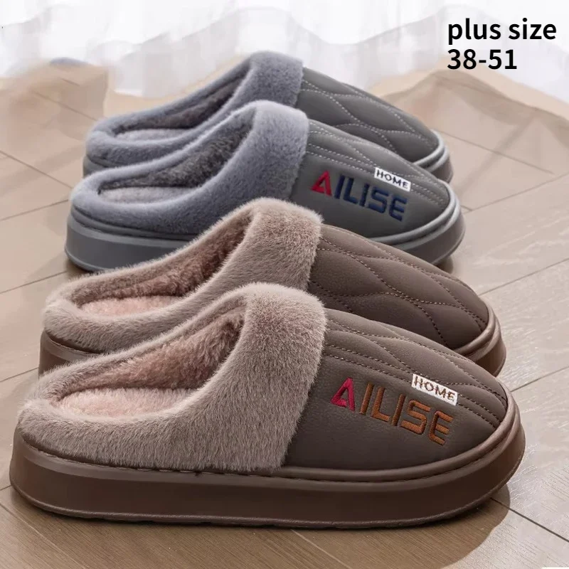Men Winter Big Size Slippers Waterproof Thick Sole Plush Lined Non Slip Outdoor Wear Fleece Fuzzy Warm House Soft Shoe Cozy Home