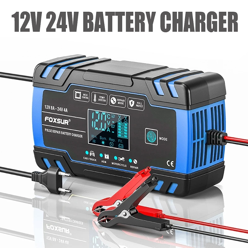 Blue 8A LCD European standard 12V24V lead-acid battery intelligent charger, universal charger for motorcycles, cars, and trucks