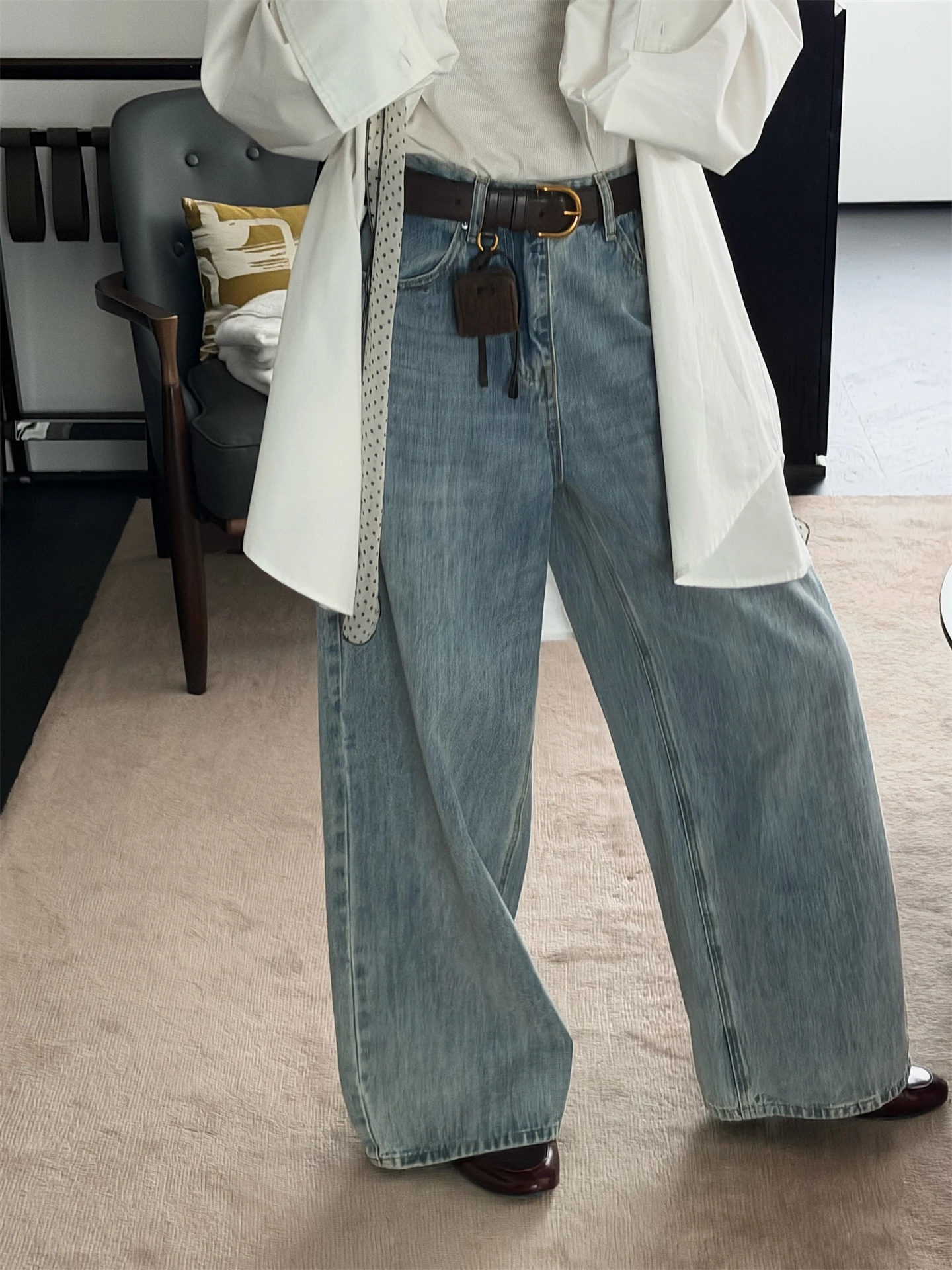 

MOEROP Vintage Waed Denim Wide Leg Pants Loose Straight High Waist Jeans Ladies Winter Cotton l Waist Button Closure
