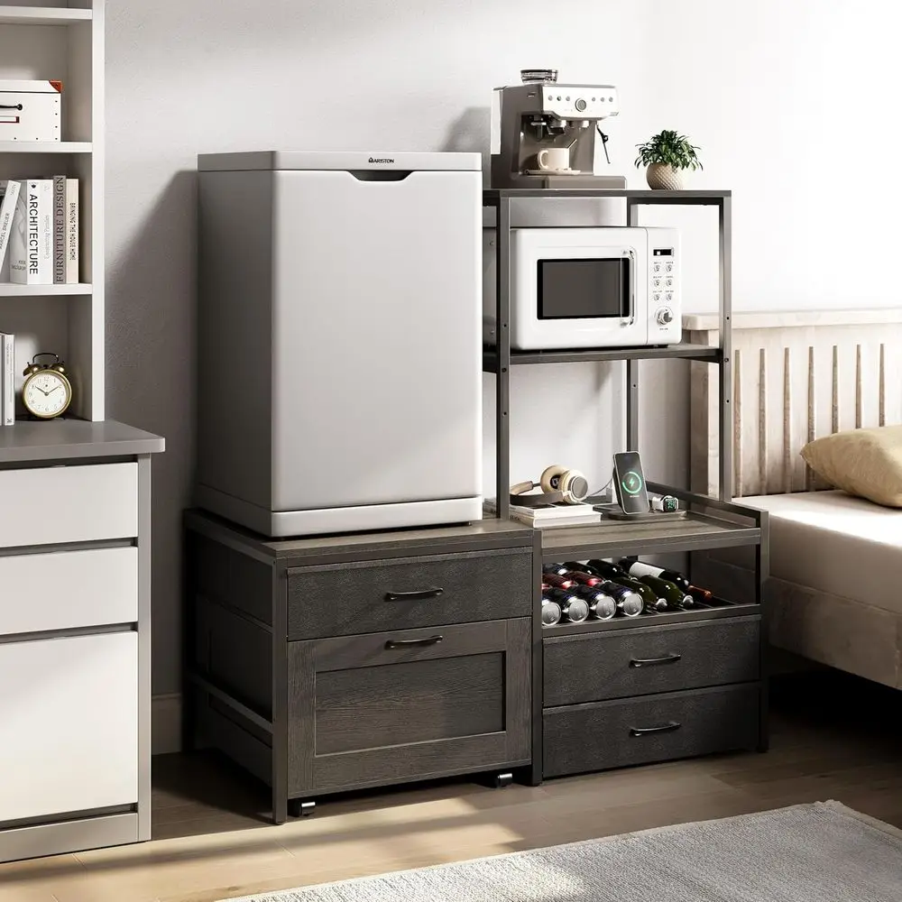 

Compact Kitchen Storage with Wine Rack, Power Outlet, and Microwave Stand for Dorm or Office, Black